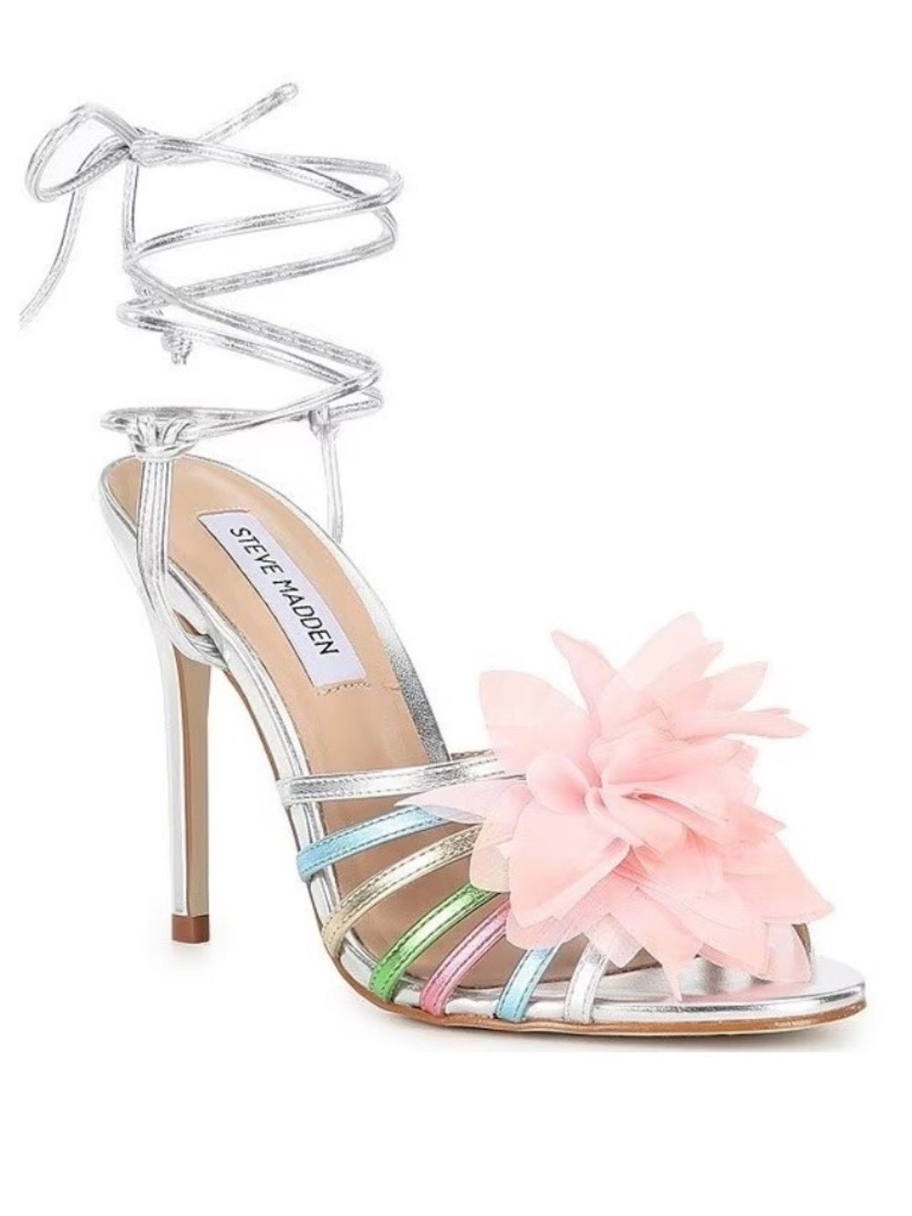 Steve Madden Jolisa Silver Wrap Around Lace Up Heel Floral Flower Size 6
